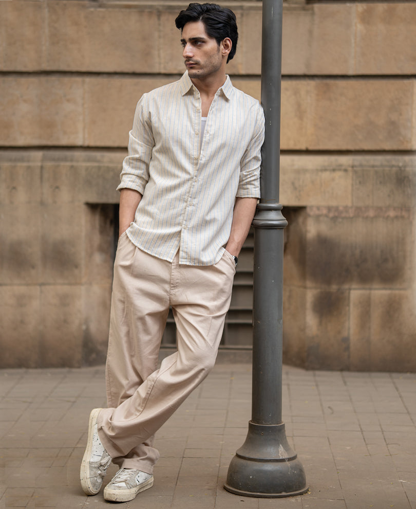 Blue & Beige Linen Stripe Shirt.