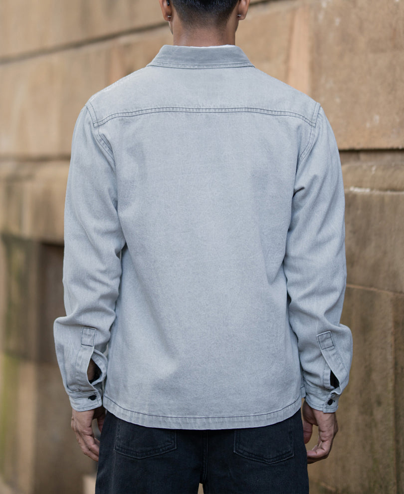 Grey Denim Shacket With Pockets.