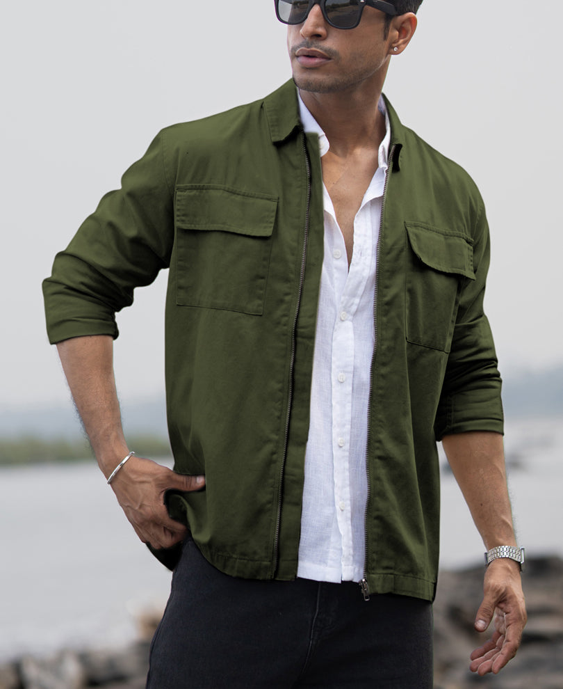 Olive Structured Zipper Overshirt.