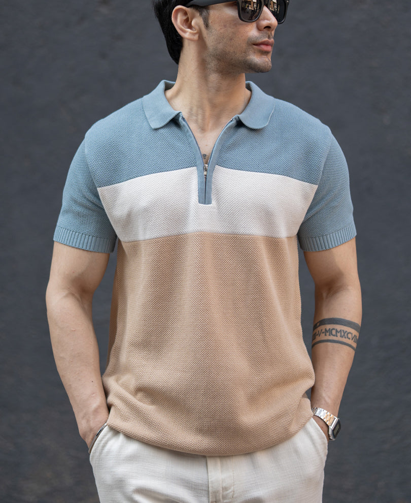 Blue & Beige Stripe Knit T-Shirt.