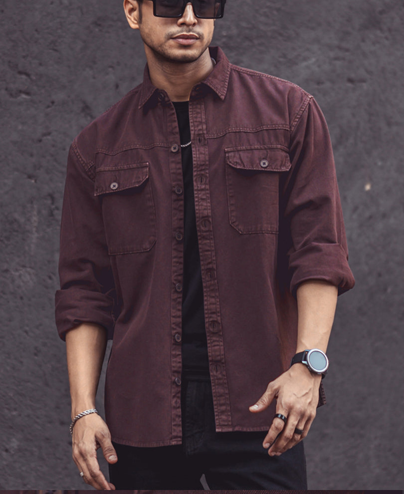 Dark Brown Denim Shacket Full Sleeves Shirt.