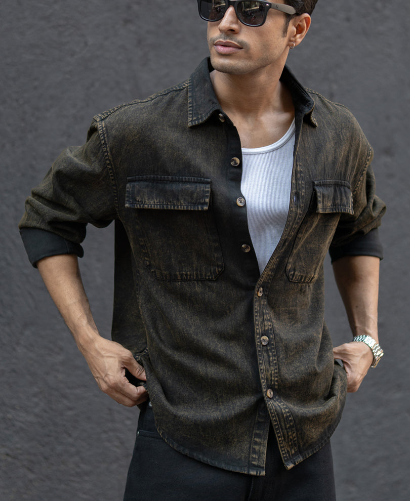 Dark Brown Washed Denim Overshirt.