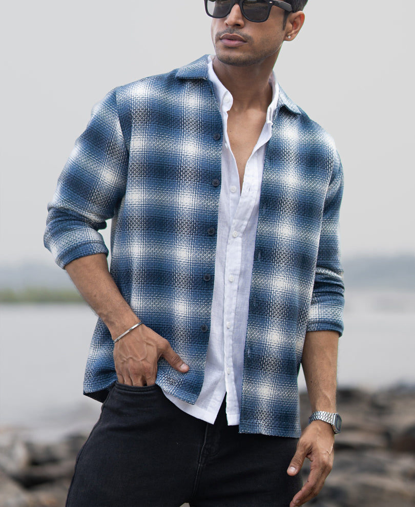 Blue Structured Checks Overshirt.