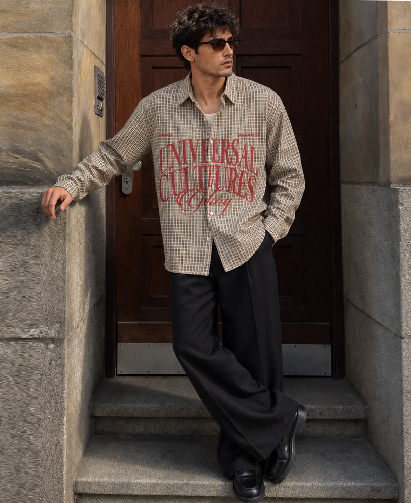 Beige Checks Printed Shirt 100% Cotton