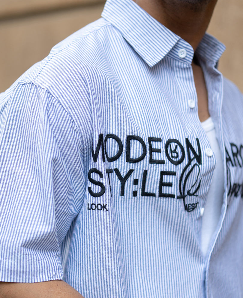 Sky Blue Stripe Embroidered Shirt.