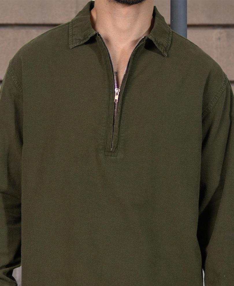 Dark Olive Washed Zipper Shirt