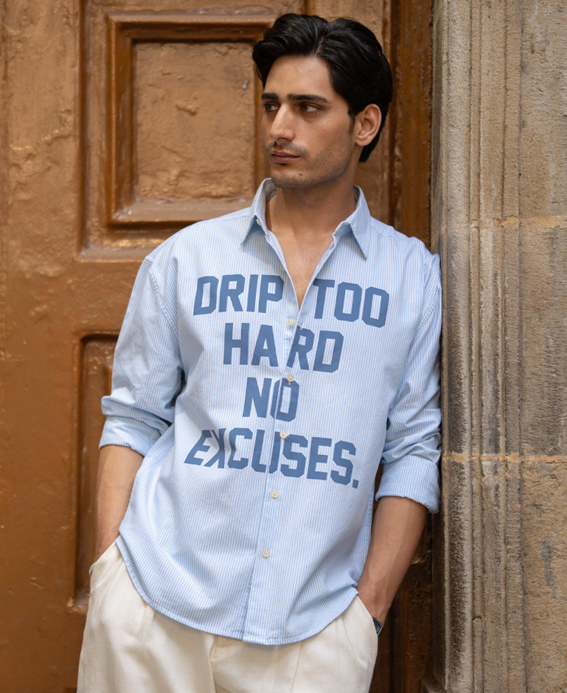 Blue Printed Oxford Stripe Shirt 100% Cotton