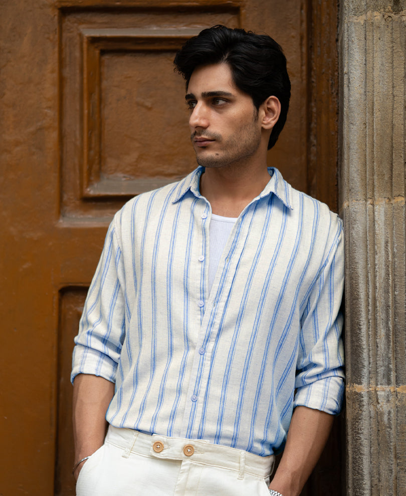 Natural & Blue Broad Stripe Shirt.