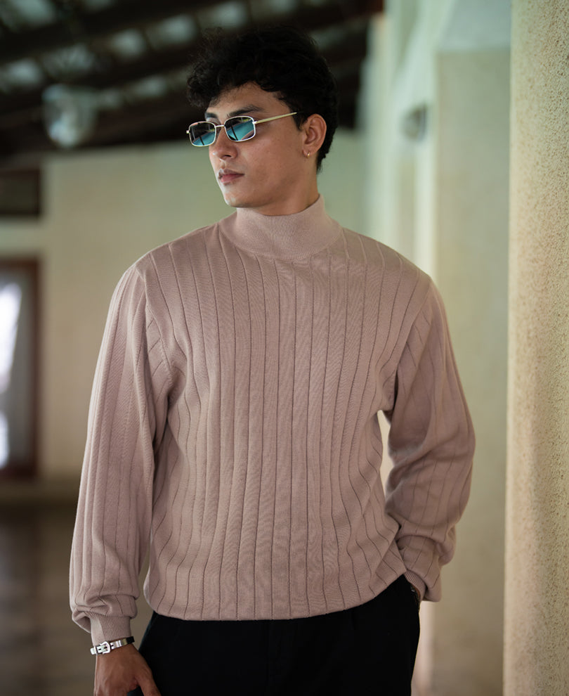 Beige High Neck Cotton Sweater 100% Cotton