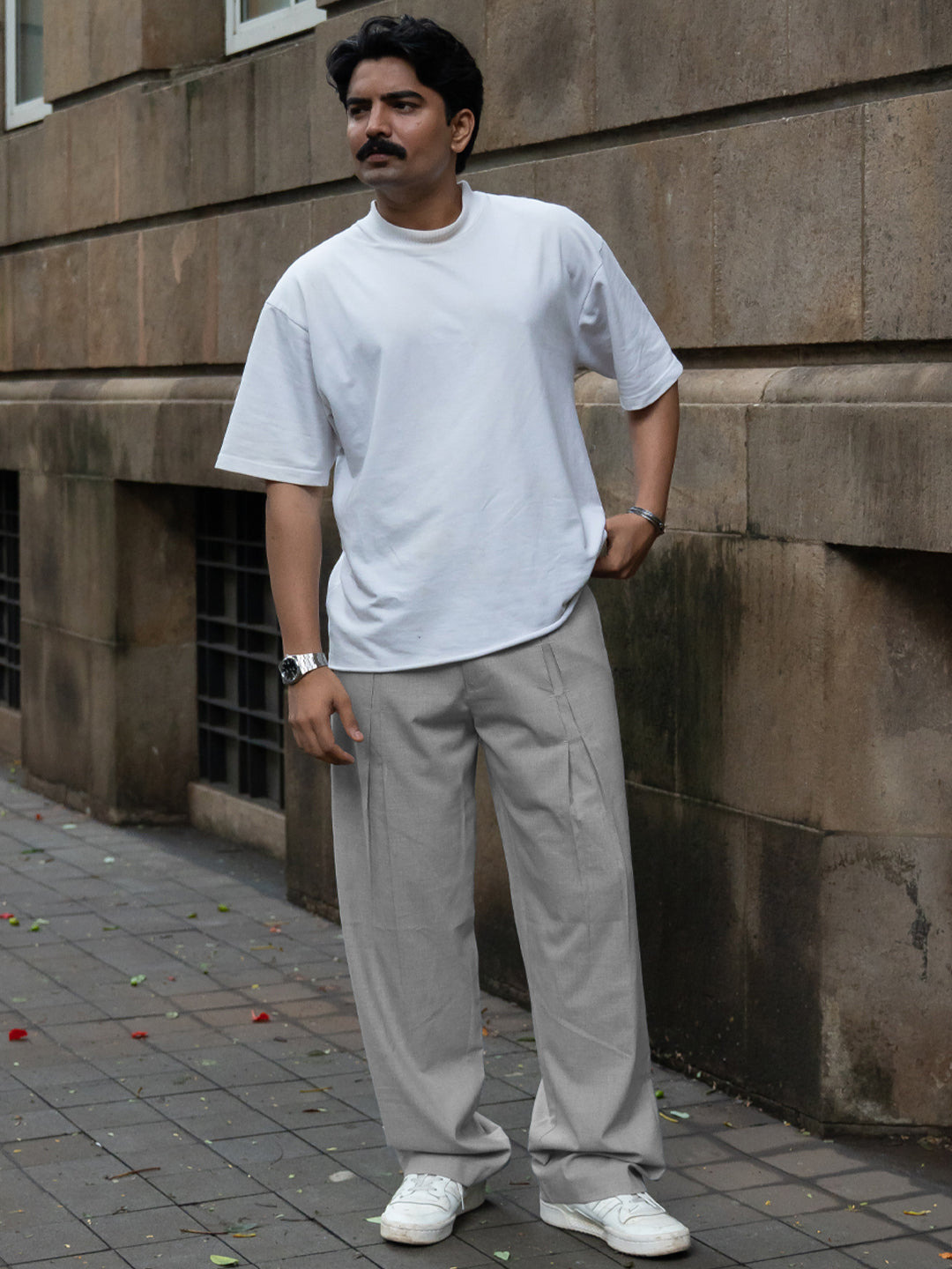 Grey Melange Pleated Trousers