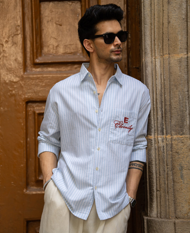 Blue Embroidered Oxford Stripe Shirt 100% Cotton