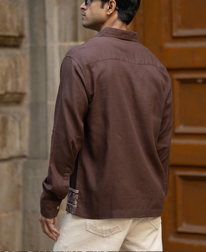 Dark Brown Linen Blend Embroidery Shirt.