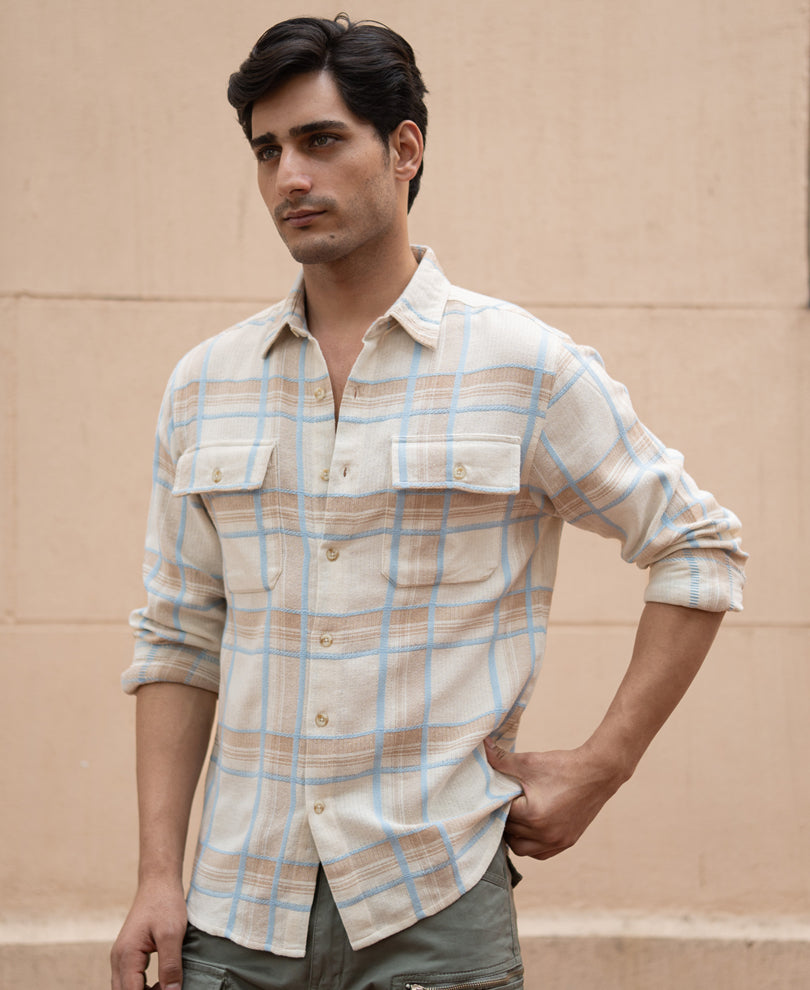 Beige Double Pocket Checks Shirt.