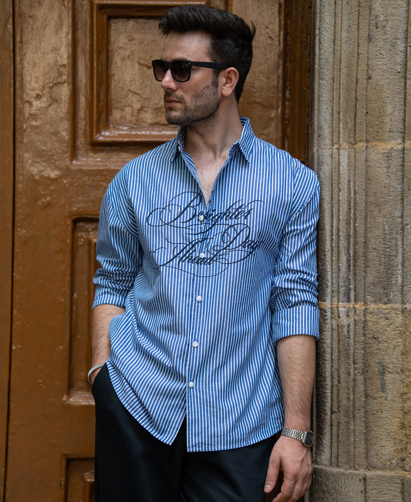 Blue Calligraphy Printed Striped Shirt 100% Cotton