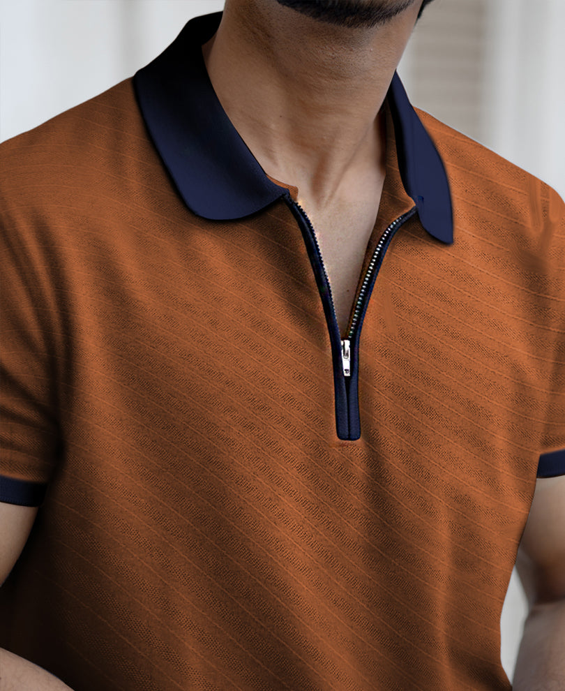 Dark Tan Contrast Collar Zipper T-Shirt.