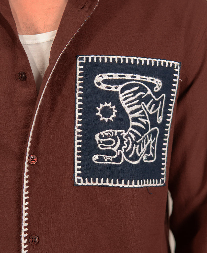 Brown Embroidered Patch Linen Shirt