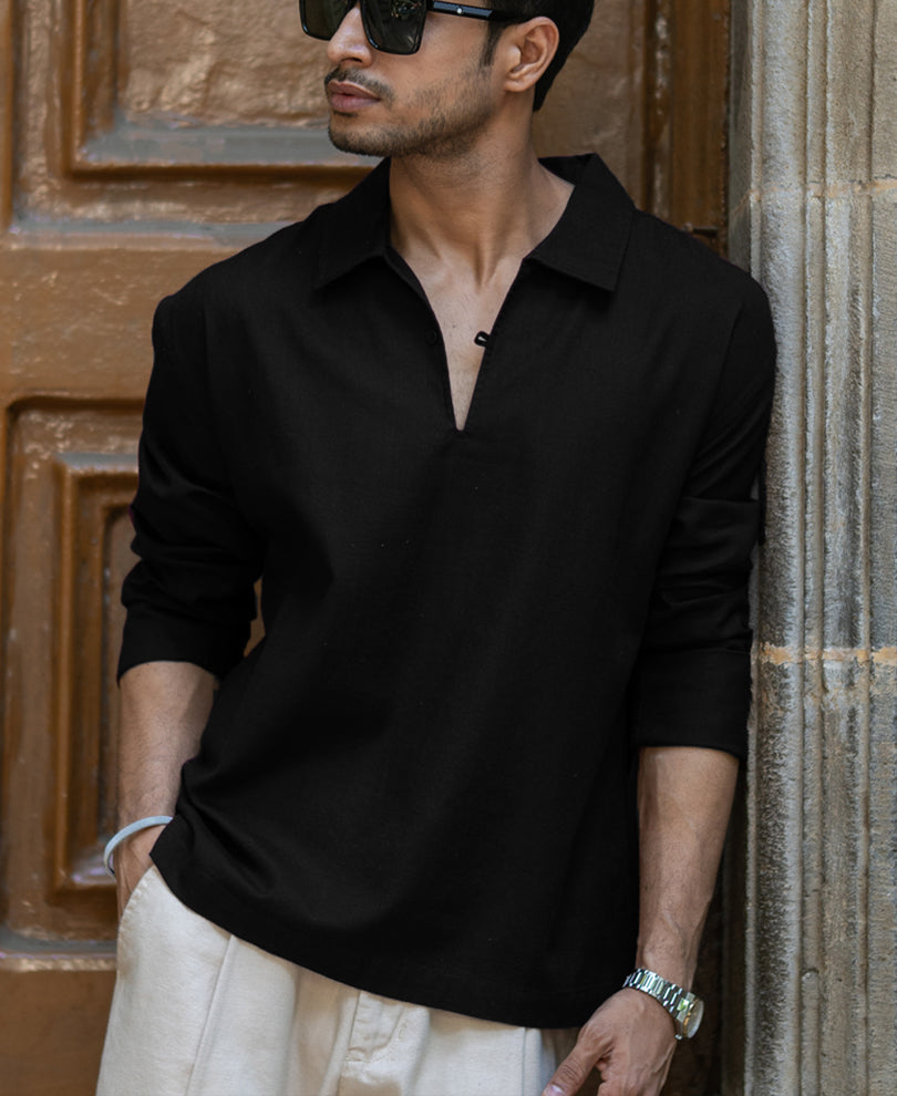 Black Lightweight Structured Kurta Shirt.