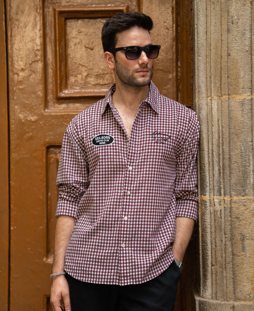 Wine Embroidered Micro Checks Shirt