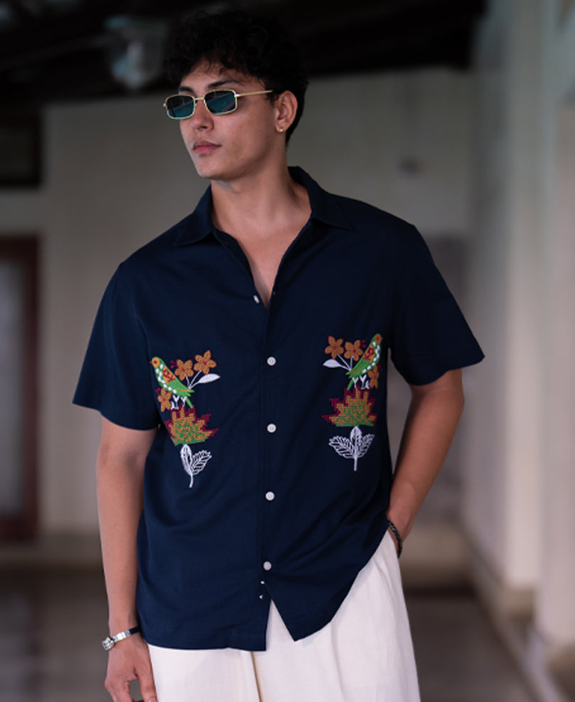 Navy Parrot Embroidery Shirt 100% Cotton