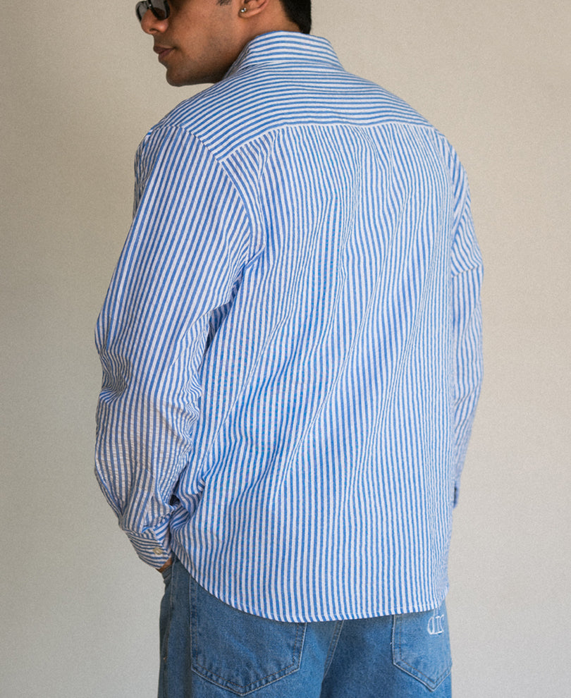 Blue Seersucker Embroidery Stripe Shirt 100% Cotton