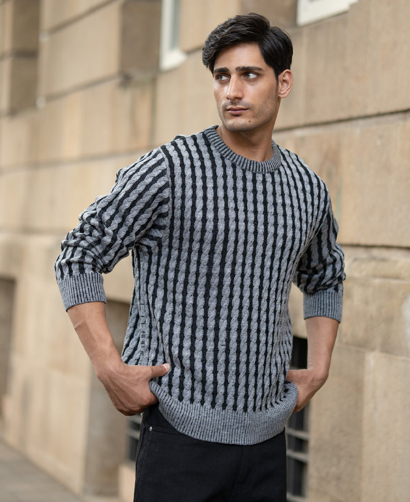 Grey And Black Cable Knit T-Shirt.