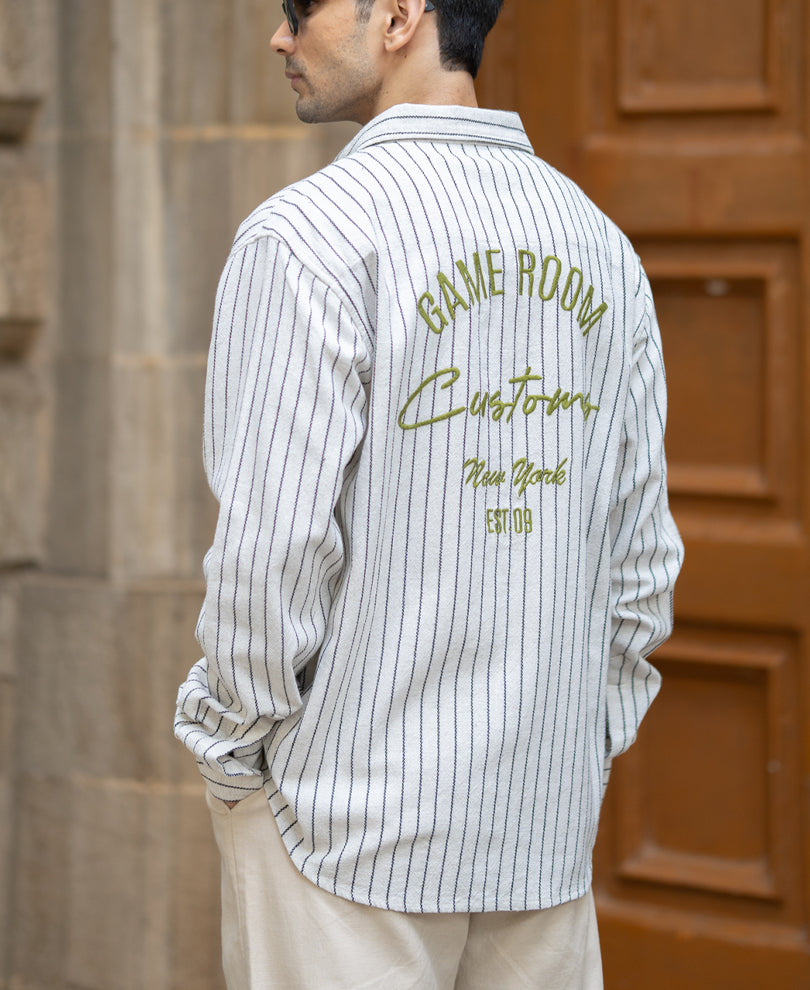 Beige Embroidered Stripe Shirt.