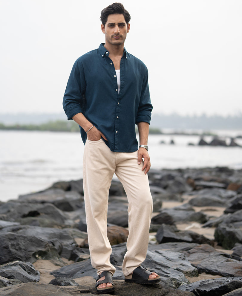 Dark Teal Linen Blend Shirt.
