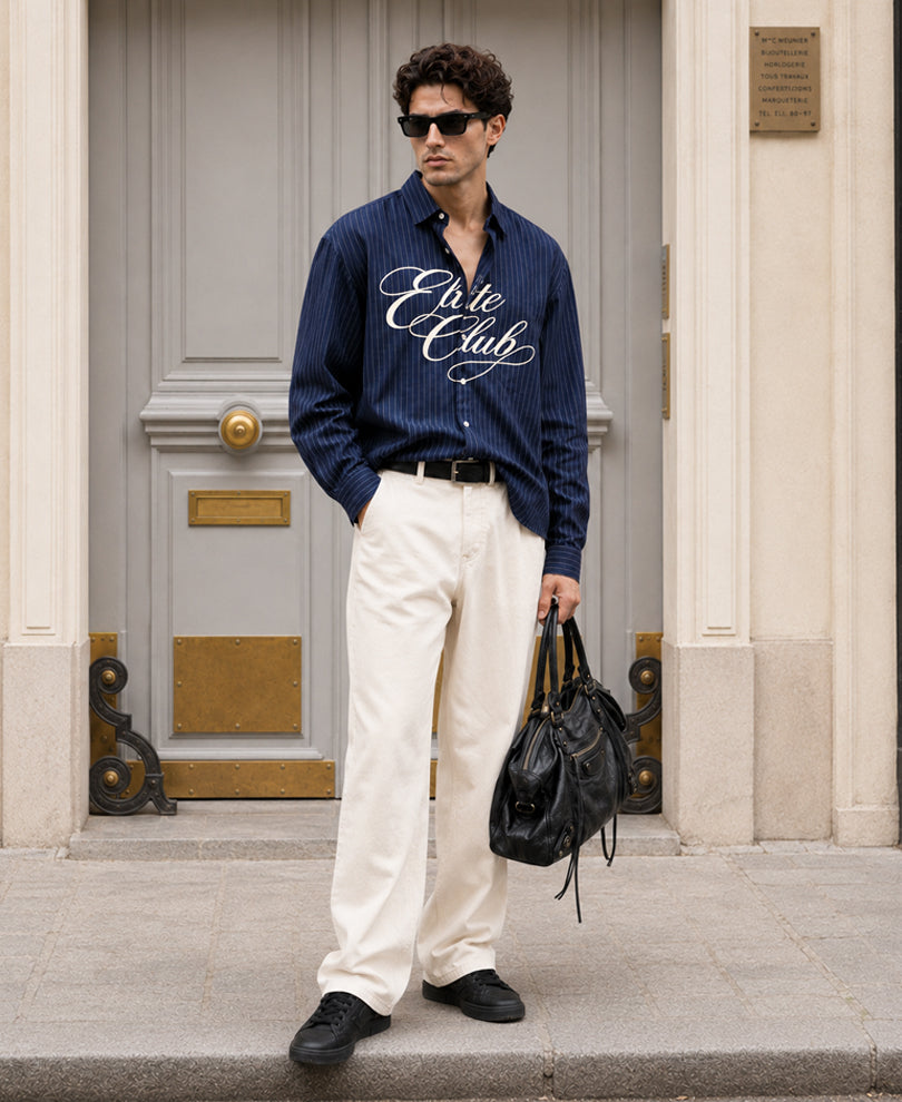 Navy Calligraphy Print Stripe Shirt