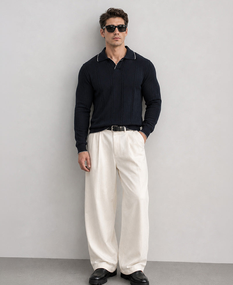 Navy Cable Knit T-Shirt 100% Cotton