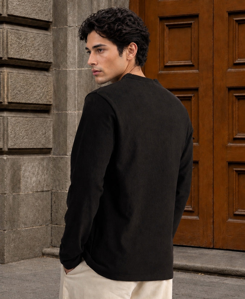 Black Henley Neck Knit T-Shirt