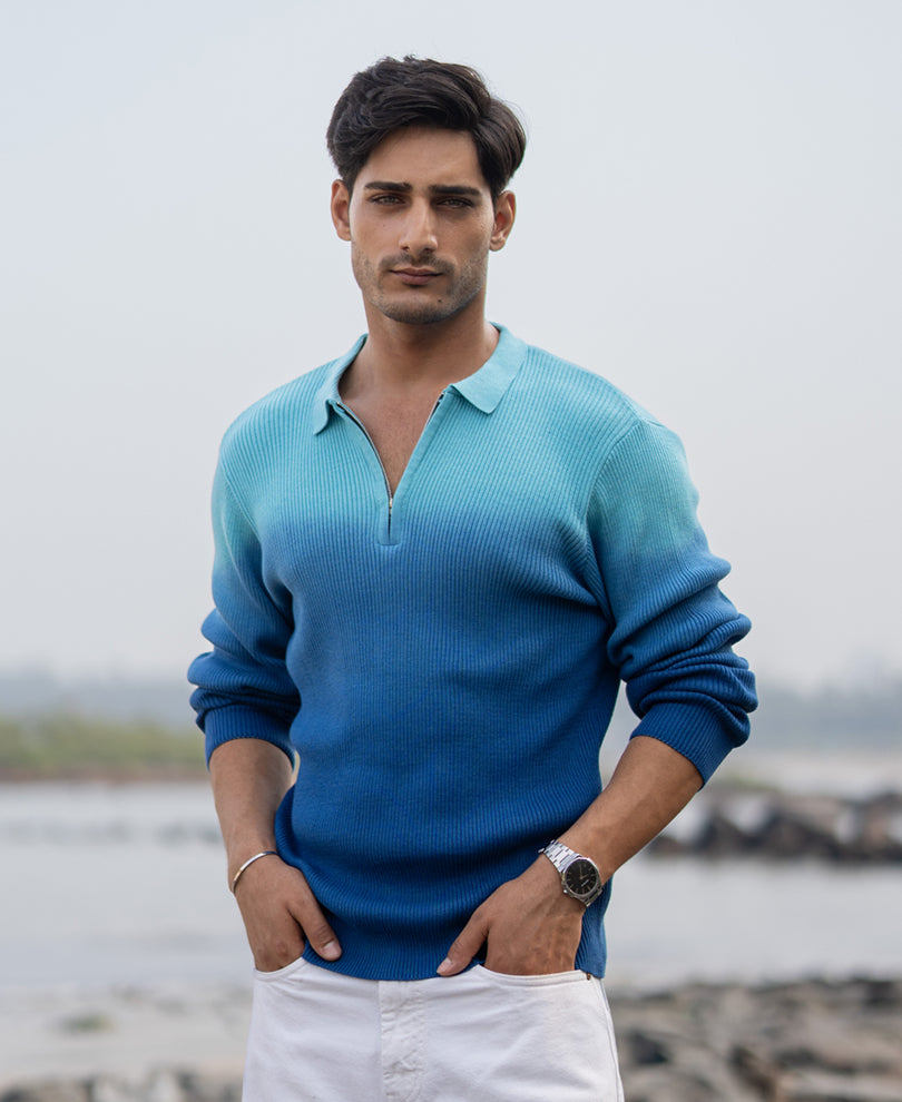 Blue Ombre Structure Cotton T-Shirt.