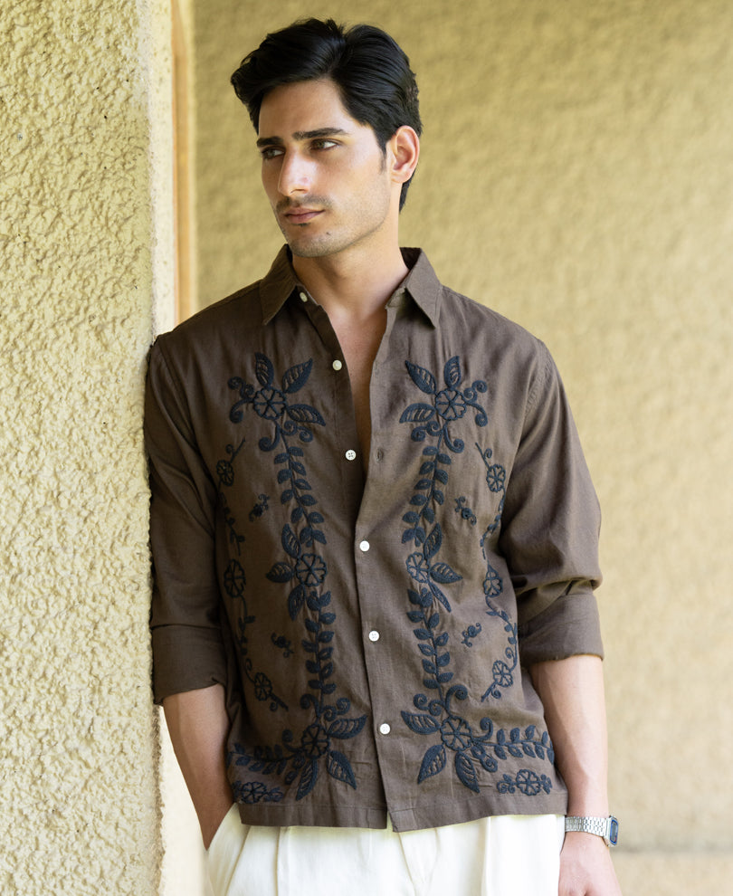 Brown Structure Embroidered Shirt 100% Cotton