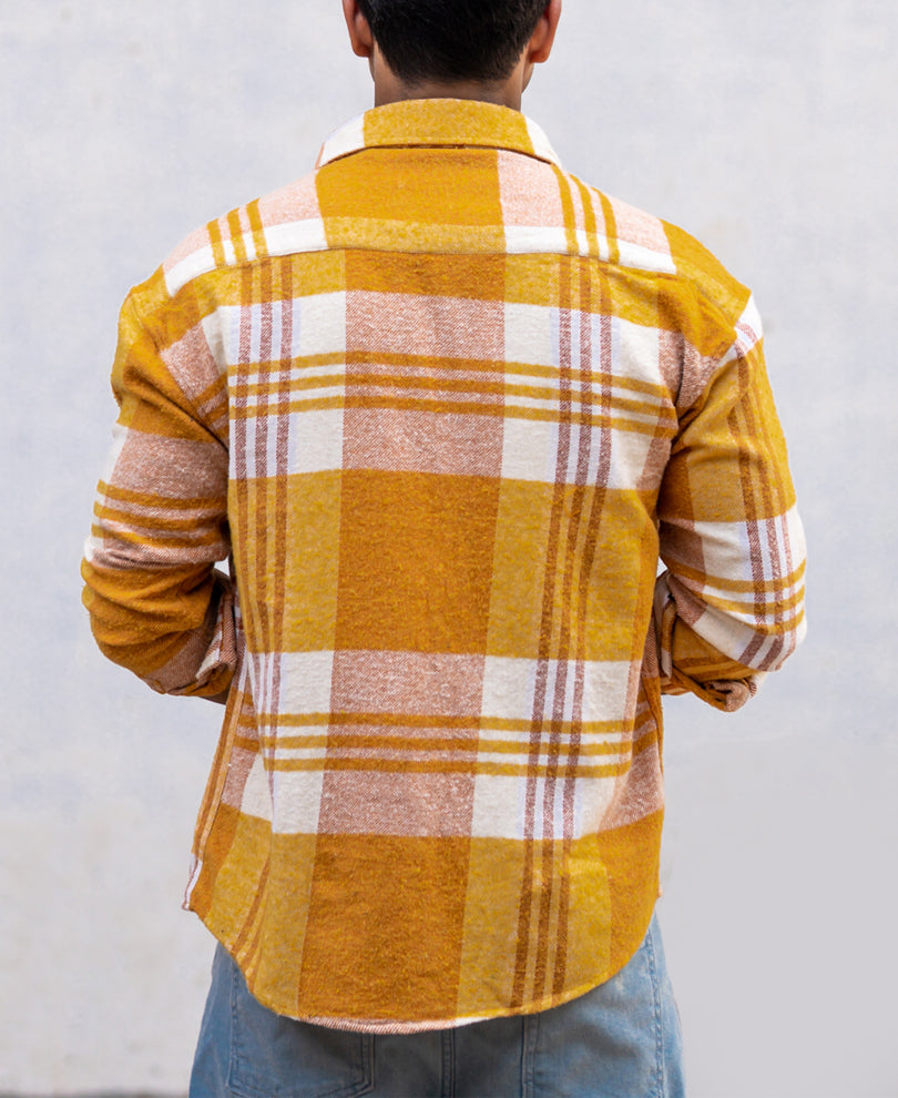 Mustard Pocket Checks Oversize Drop Shoulder Shirt.