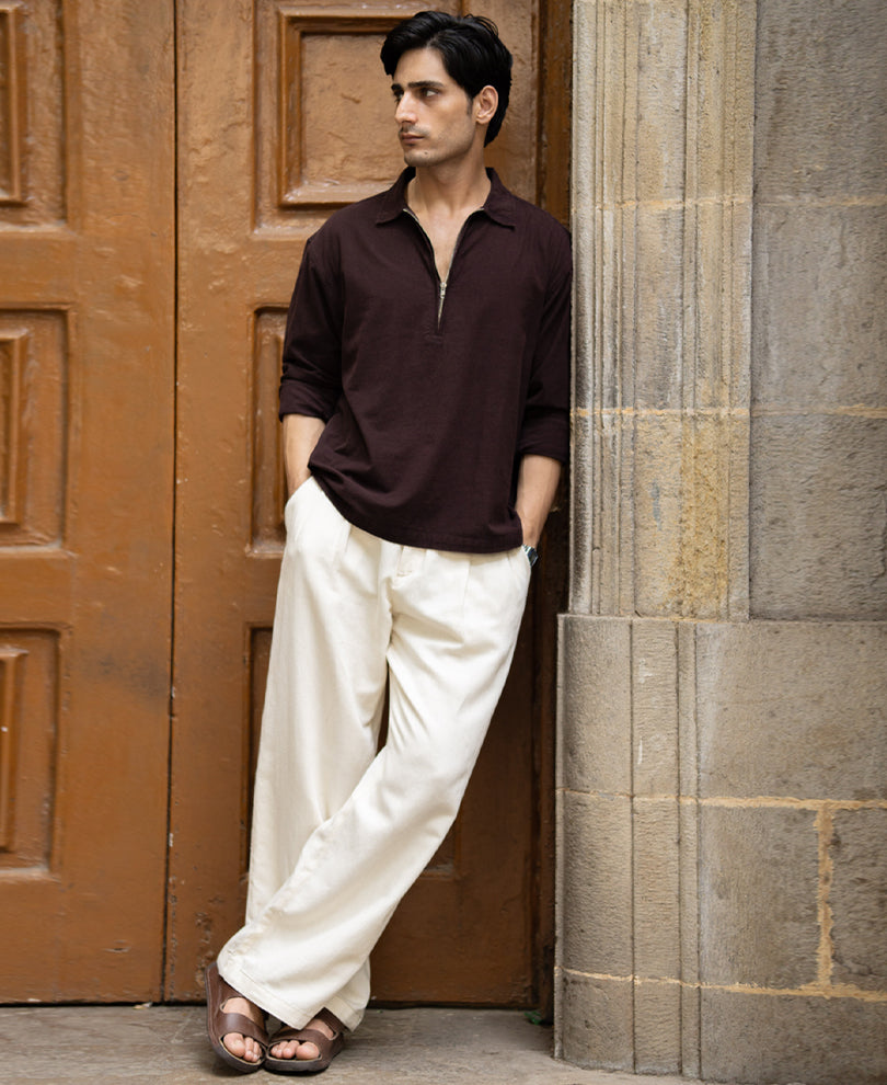 Dark Brown Washed Zipper Shirt 100% Cotton