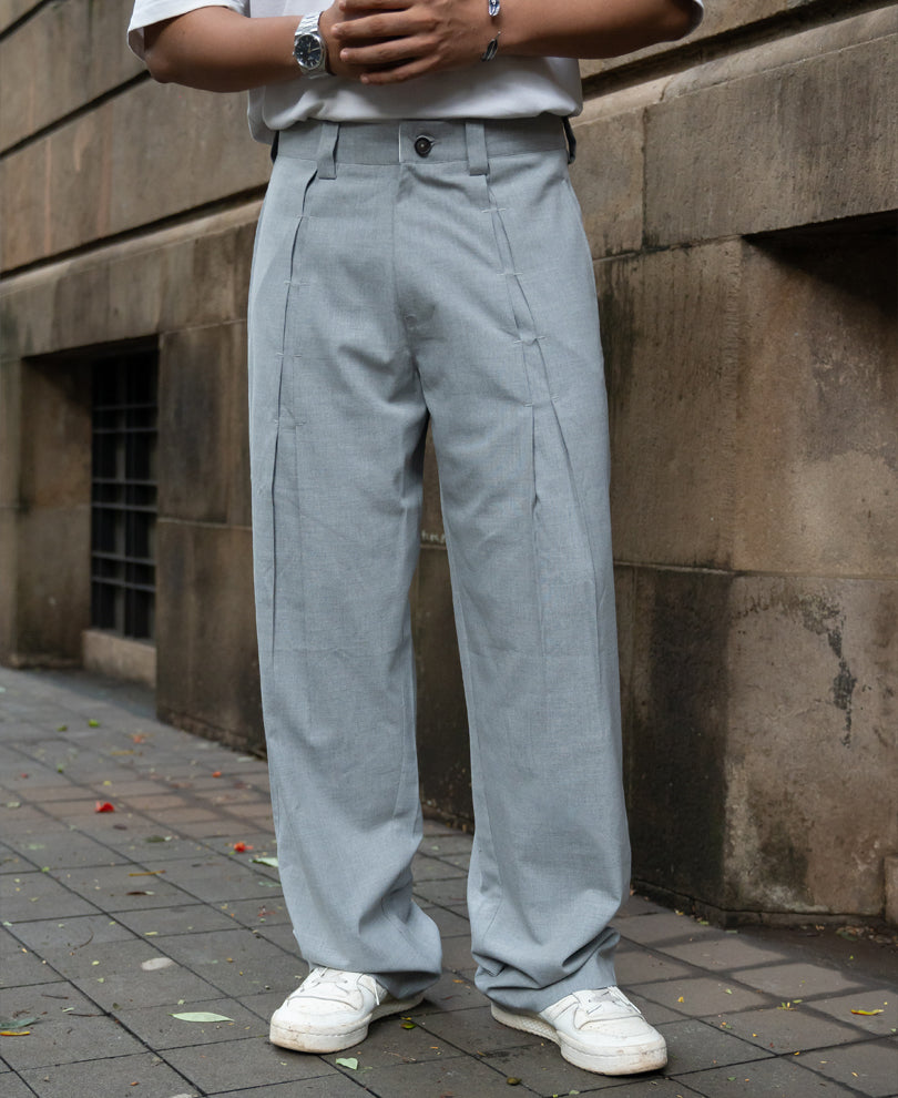 Grey Melange Pleated Trousers