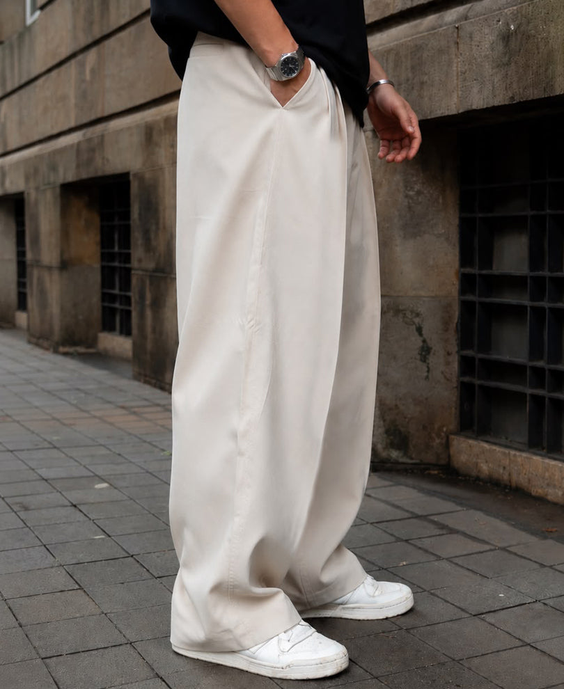 Beige Pleated Barrel Fit Trousers
