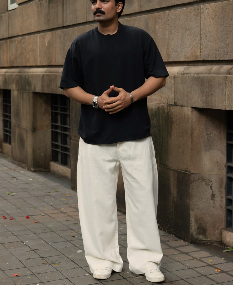 Cream Linen Blend Barrel Fit Pants
