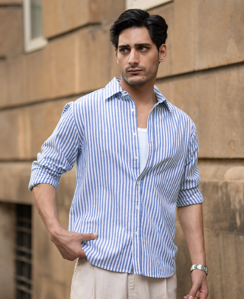 Blue Lightweight Regular Fit Stripe Shirt.