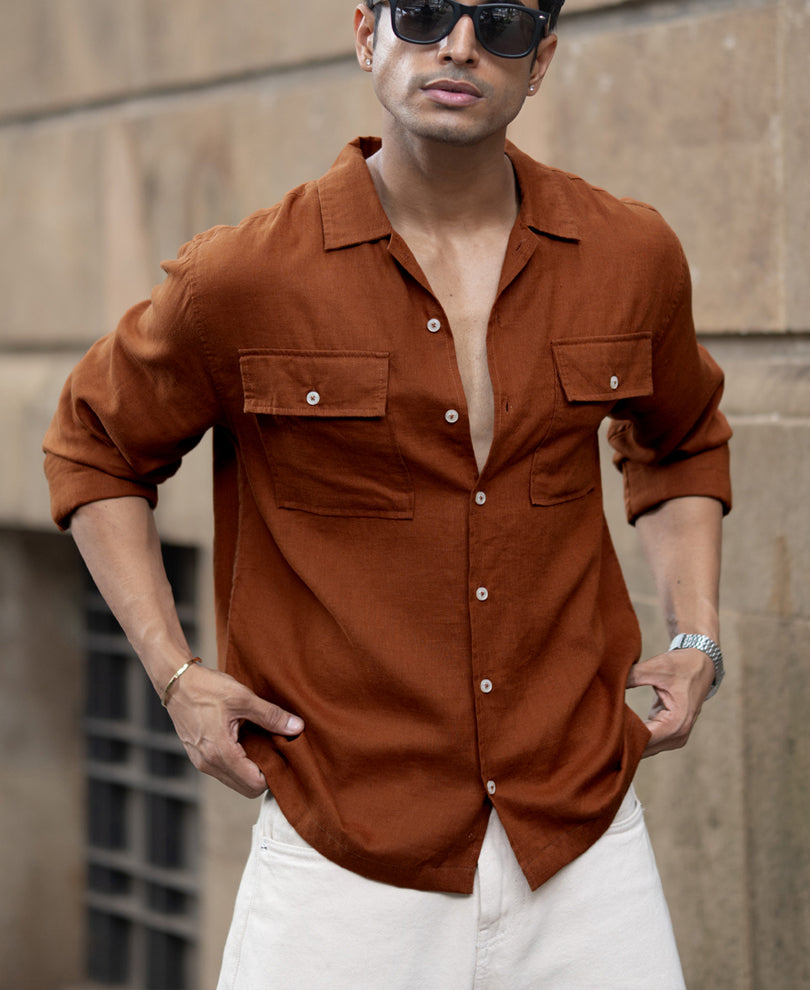 Tan Linen Double Pocket Shirt.
