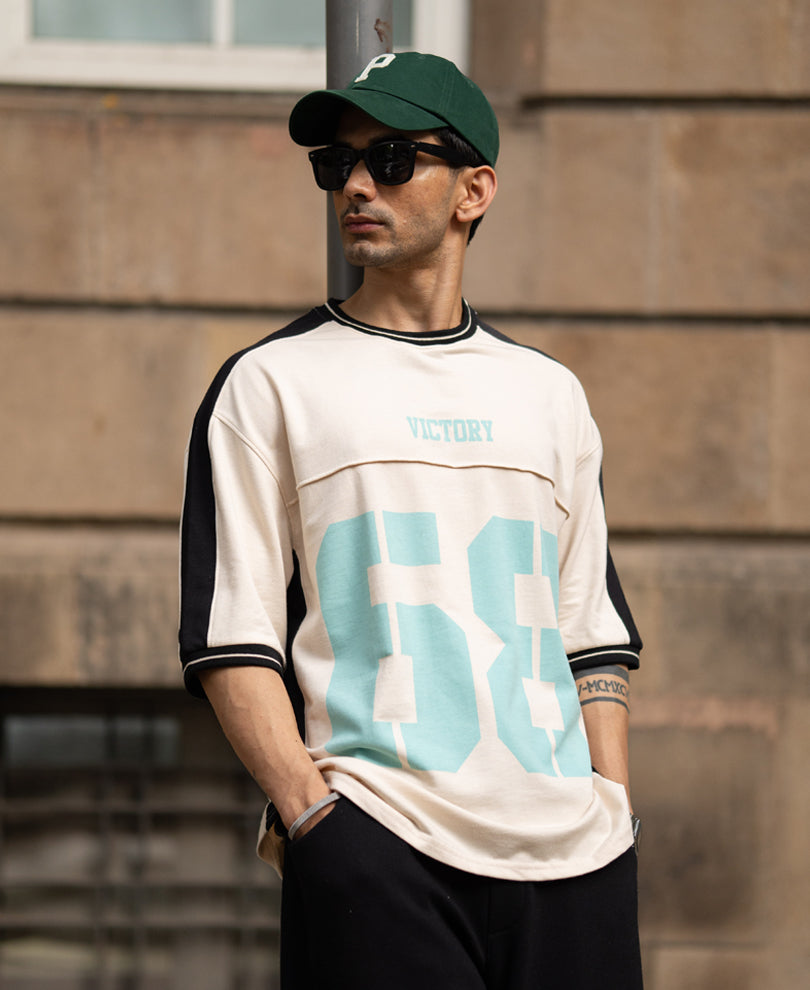 Cream & Black Panelled Graphic T-Shirt 100% Cotton