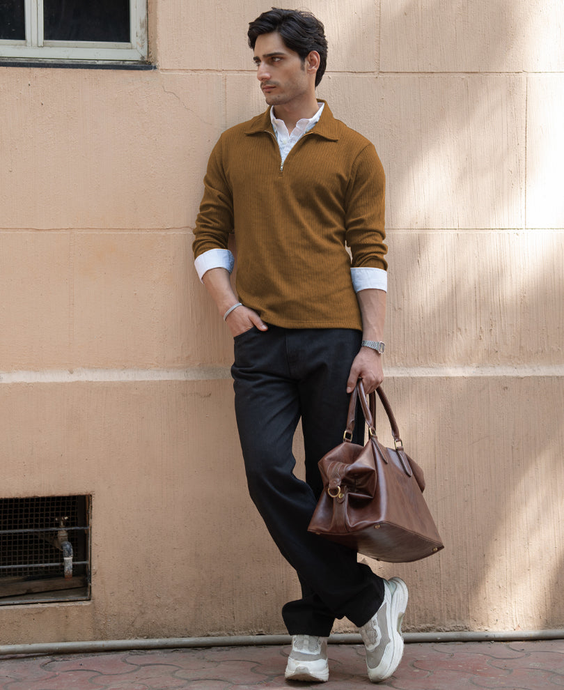 D Tan Contrast Collar Polo T-Shirt