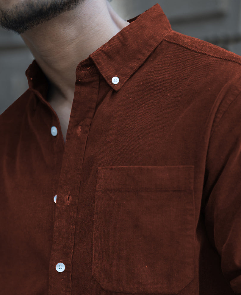 Brown Corduroy Regular Fit Full Sleeves Shirt.