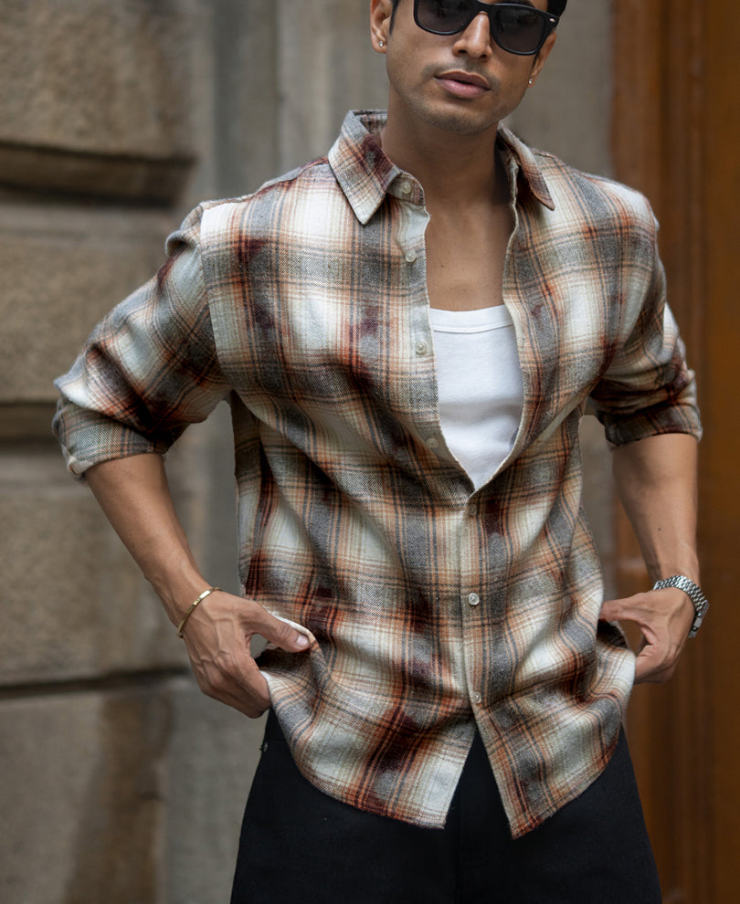 Beige Washed Checks Shirt.