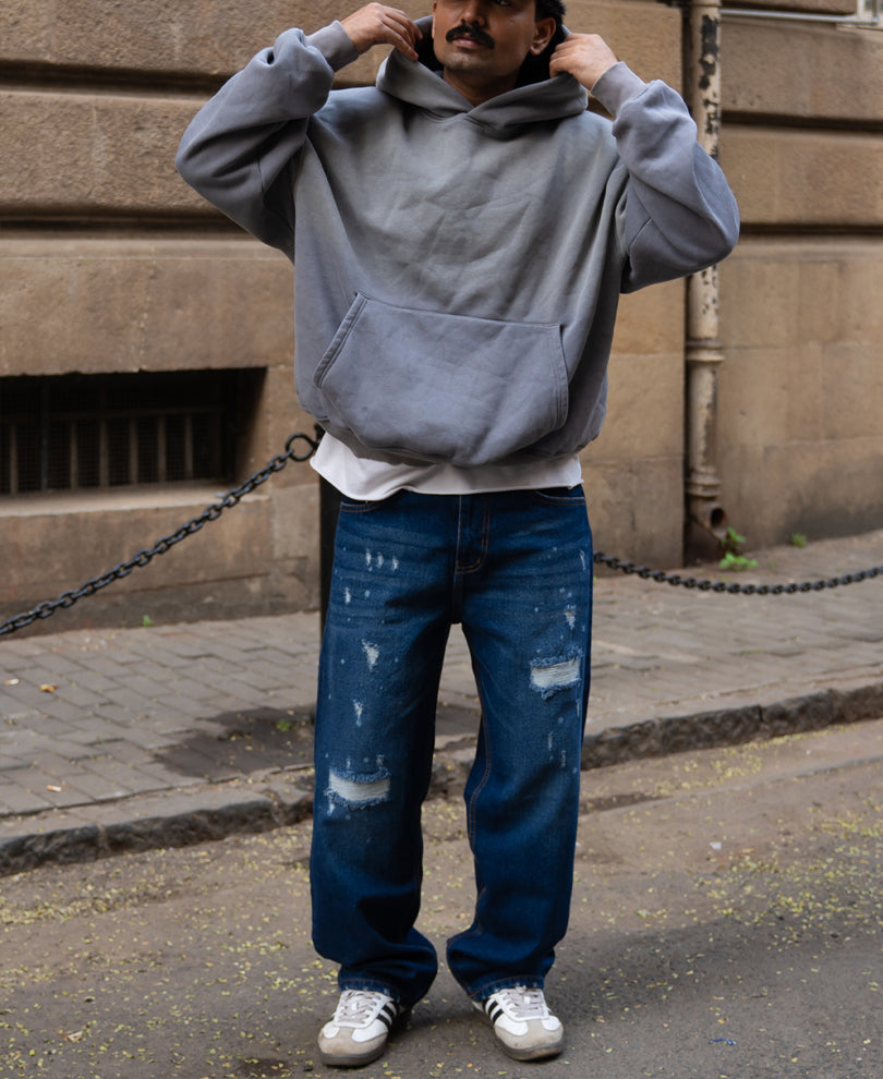 Dark Blue Distressed Baggy Fit Jeans.