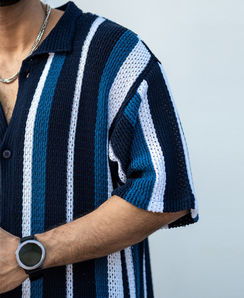 Multicolor Crochet Knit Striped Oversize Drop Shoulder Shirt.