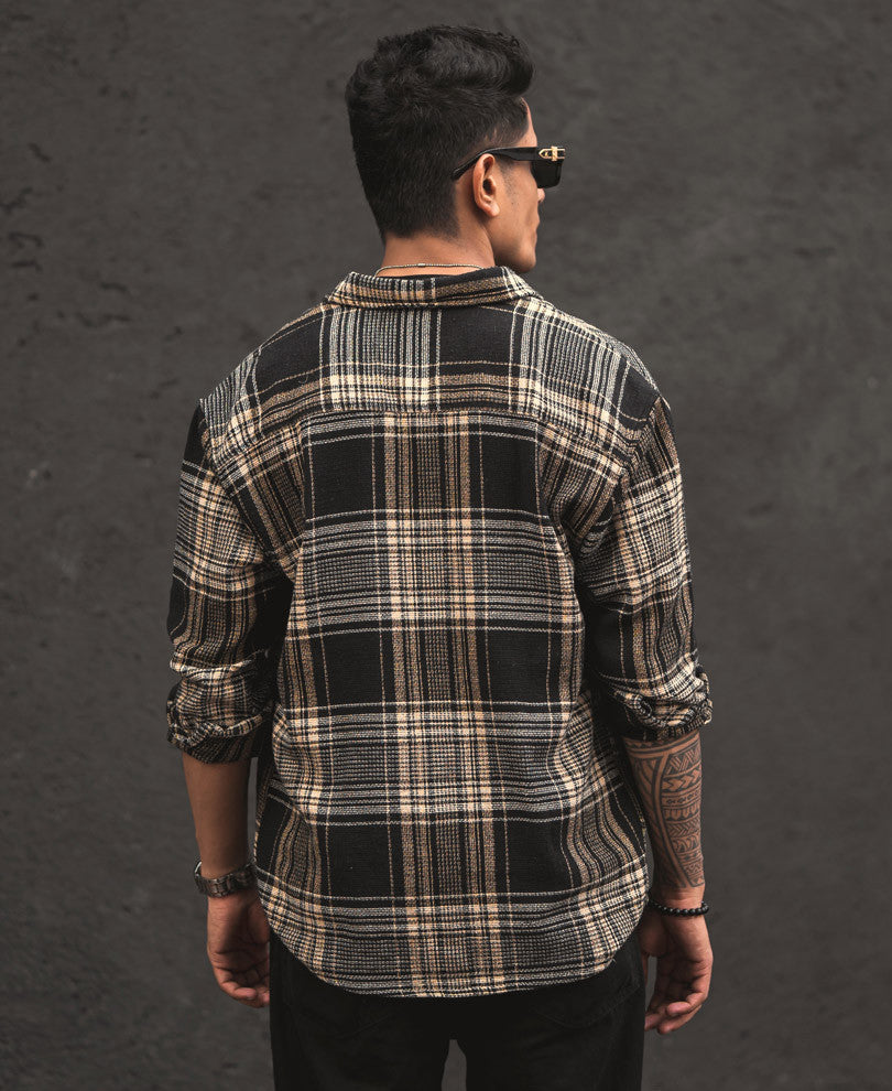 Black Structured Checks Shacket Oversized Shirt.