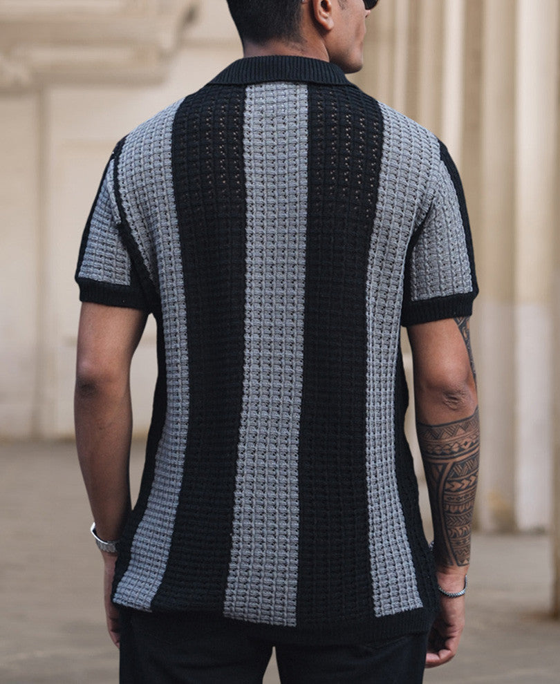 Black and Grey Crochet Striped Reglular Half Sleeves T Shirt.