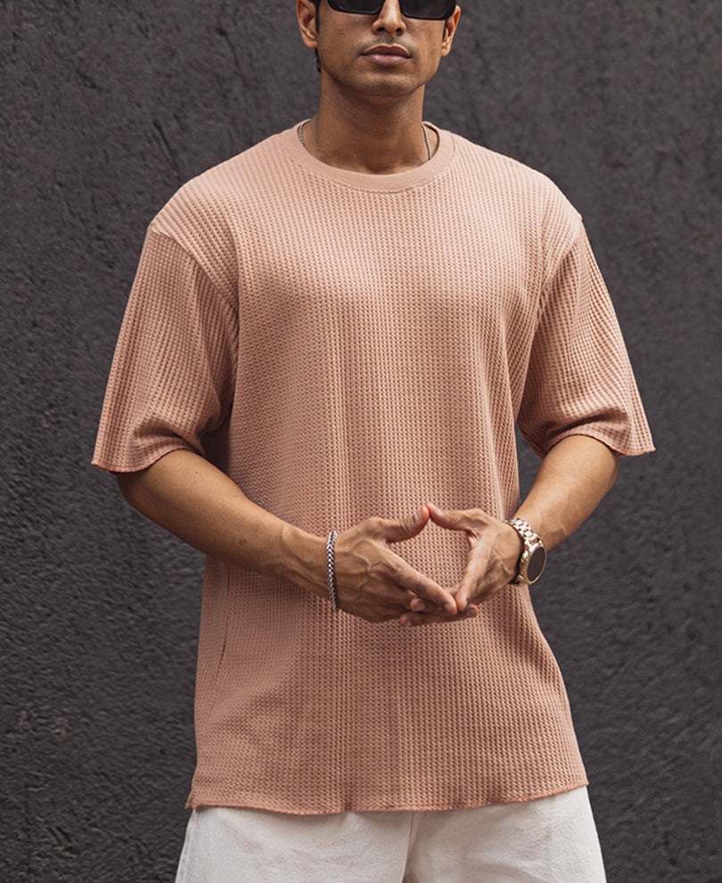 Peach Structured Oversized Half Sleeves T Shirt.