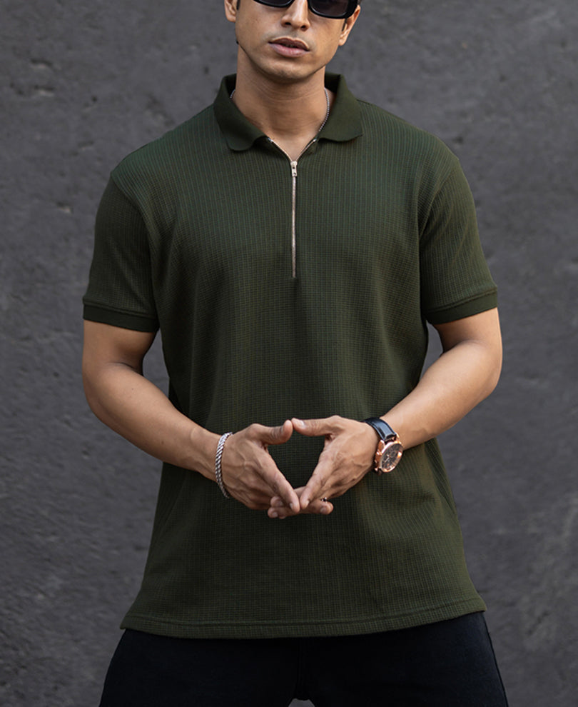 Dark Green Structured Half Sleeves Zipper T Shirt.