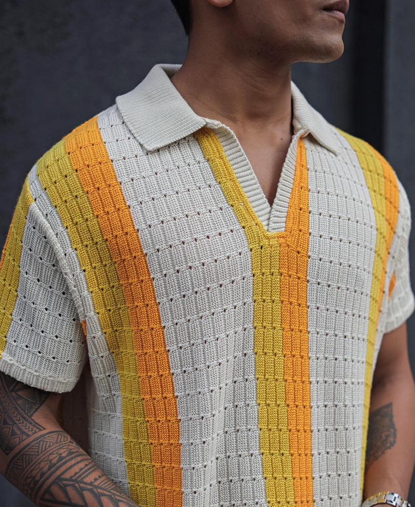White and Yellow Crochet Striped Half Sleeves T Shirt.